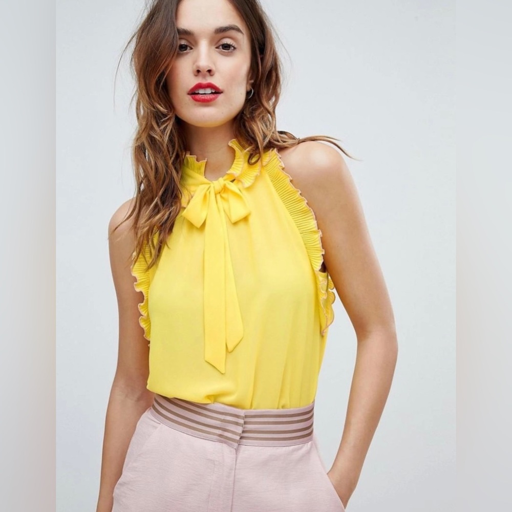 Sisley yellow ruffle chiffon tie neck blouse Size XS